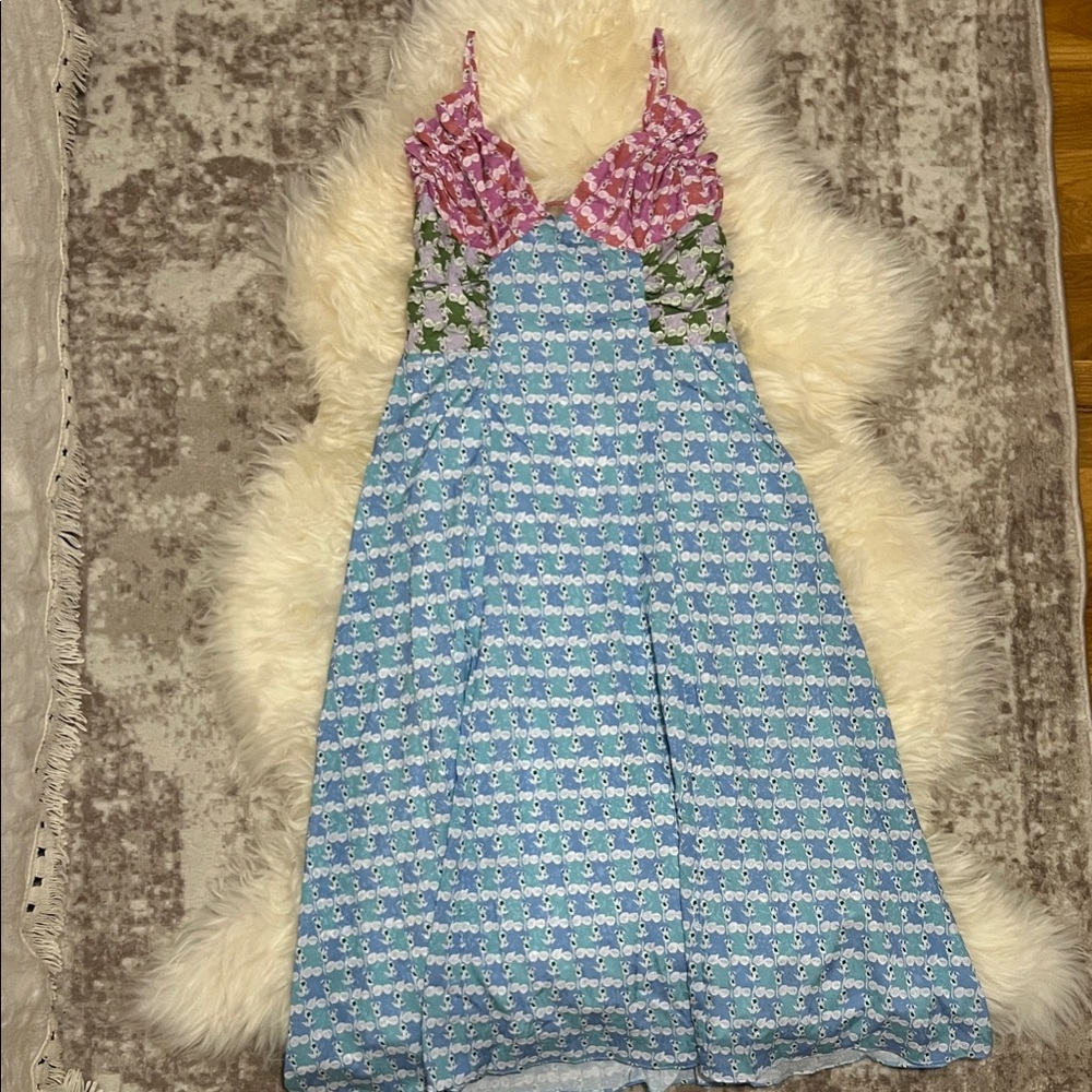 English Factory Pink, Green, and Blue Midi Dress